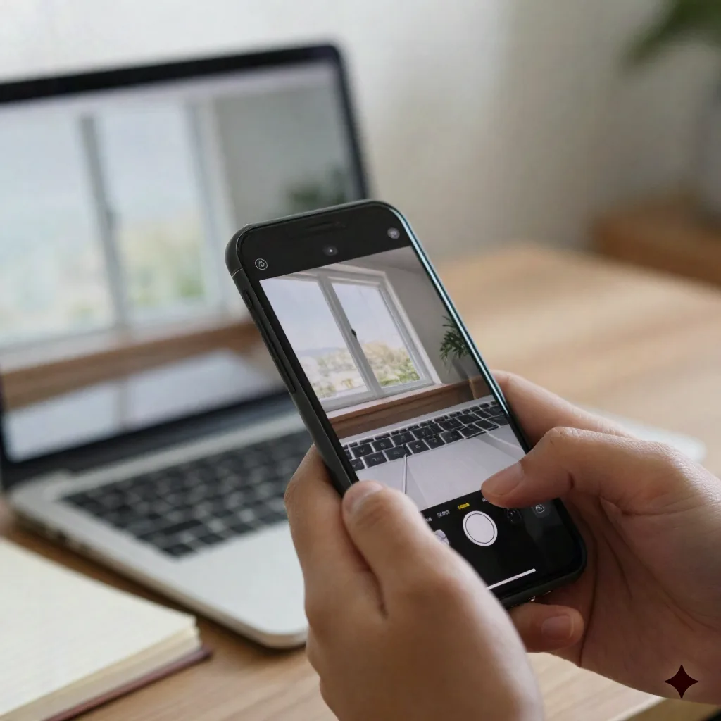 Close-up of a hand holding a phone playing a vertical video next to a laptop showing the same clip in widescreen