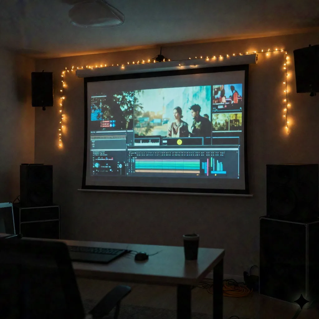 Dim independent video editing studio at dusk with a projection screen showing a color-graded still