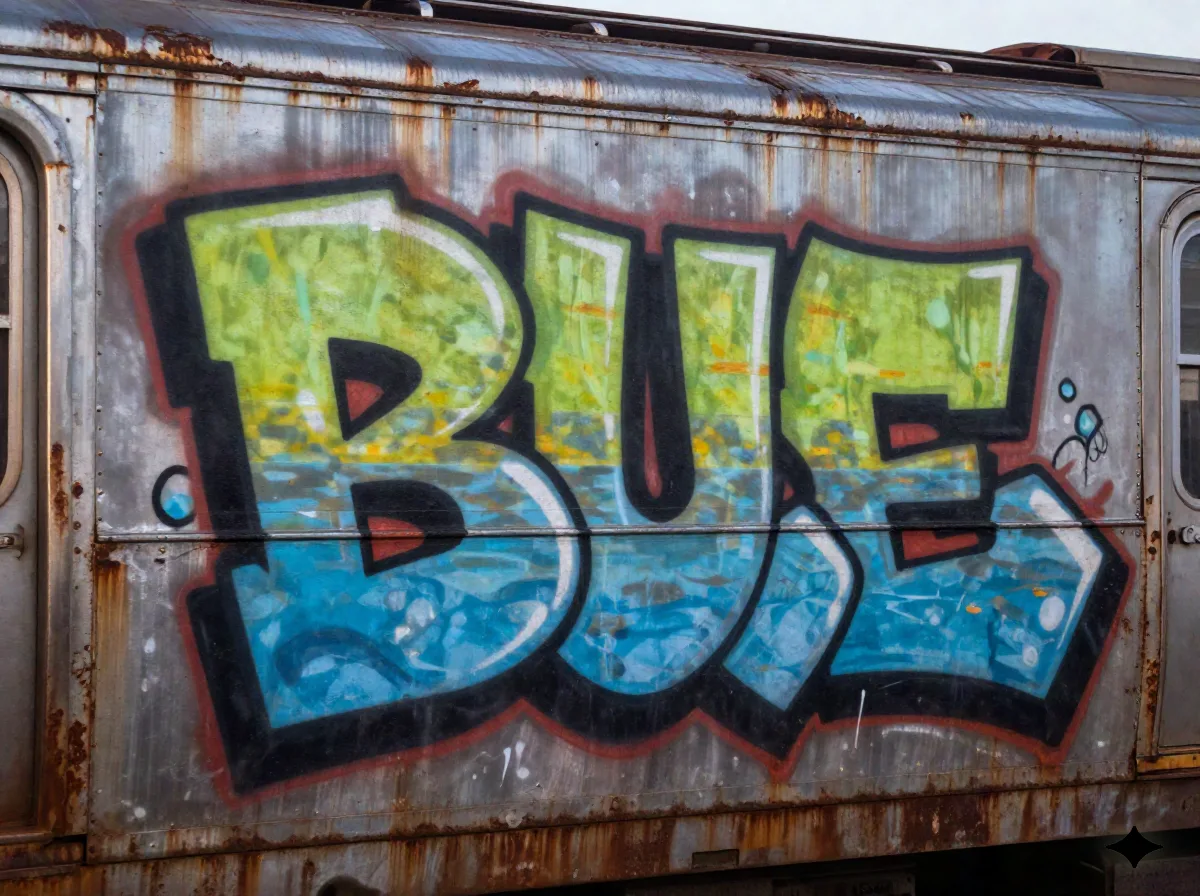 Giant 3D blockbuster graffiti letterform with chrome highlights on a rusted subway car