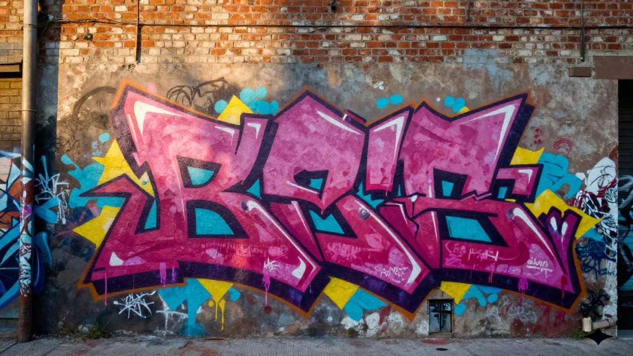 Leuchtendes Wildstyle-Graffiti-Wandbild in Magenta, Cyan und Gelb auf einer Backsteinwand, goldenes Abendlicht