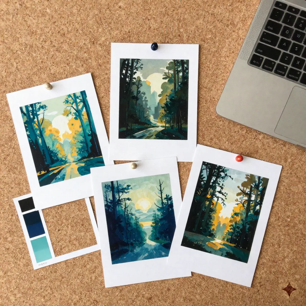 テスト出力の比較、コルクボードに留めた AI 油絵の小さいプリント、色パレットとブラシスタイルの試行錯誤