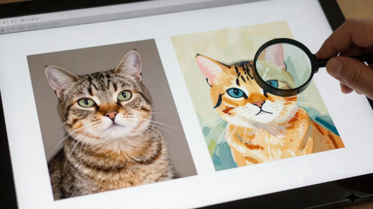 Two printed pet portraits side by side on a light table, one hyperrealistic and one painterly, compared with a loupe