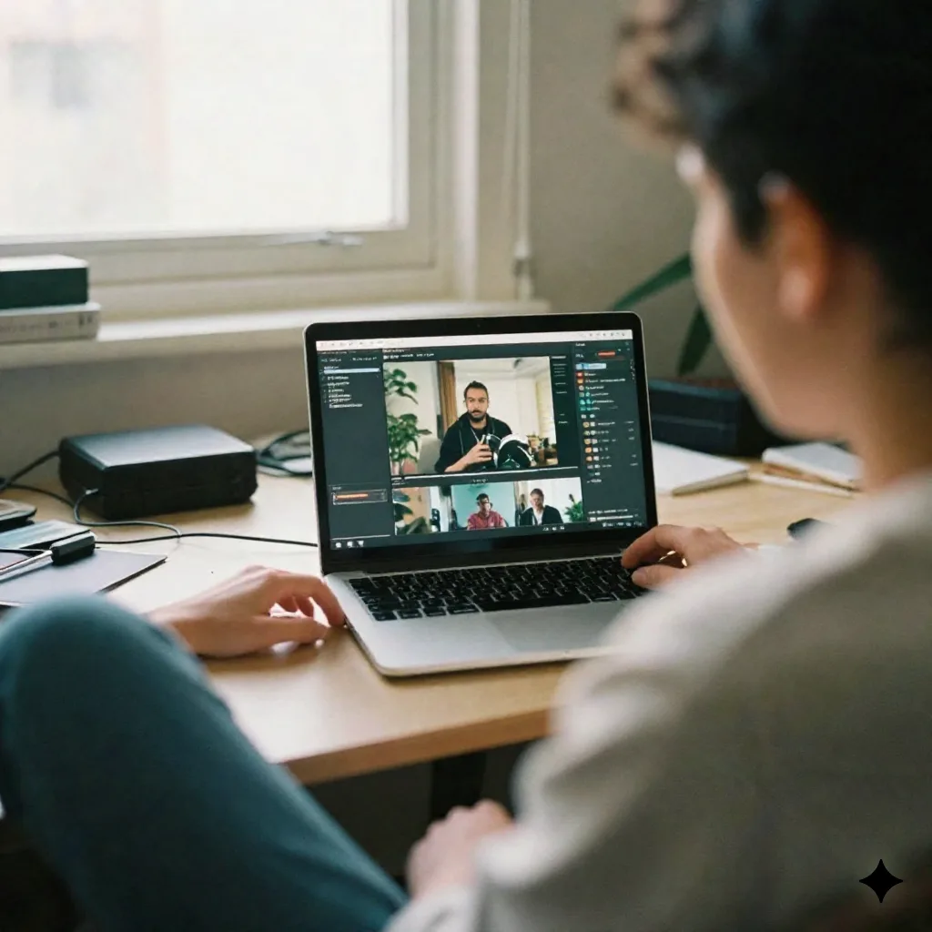 Creative technologist reviewing footage on a laptop, seen from behind in a small studio