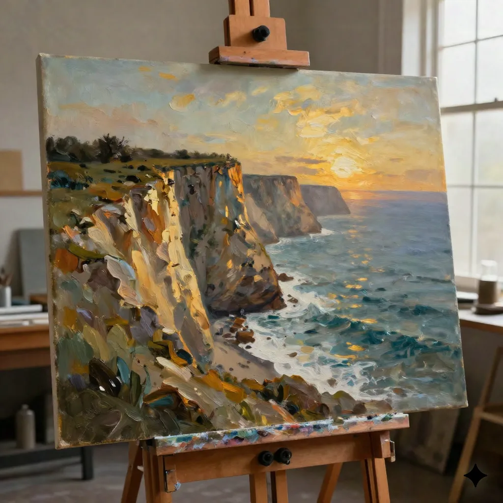 海辺の崖の AI 油絵、表現的なパレットナイフの描写、黄金時間の光に揺らぐ