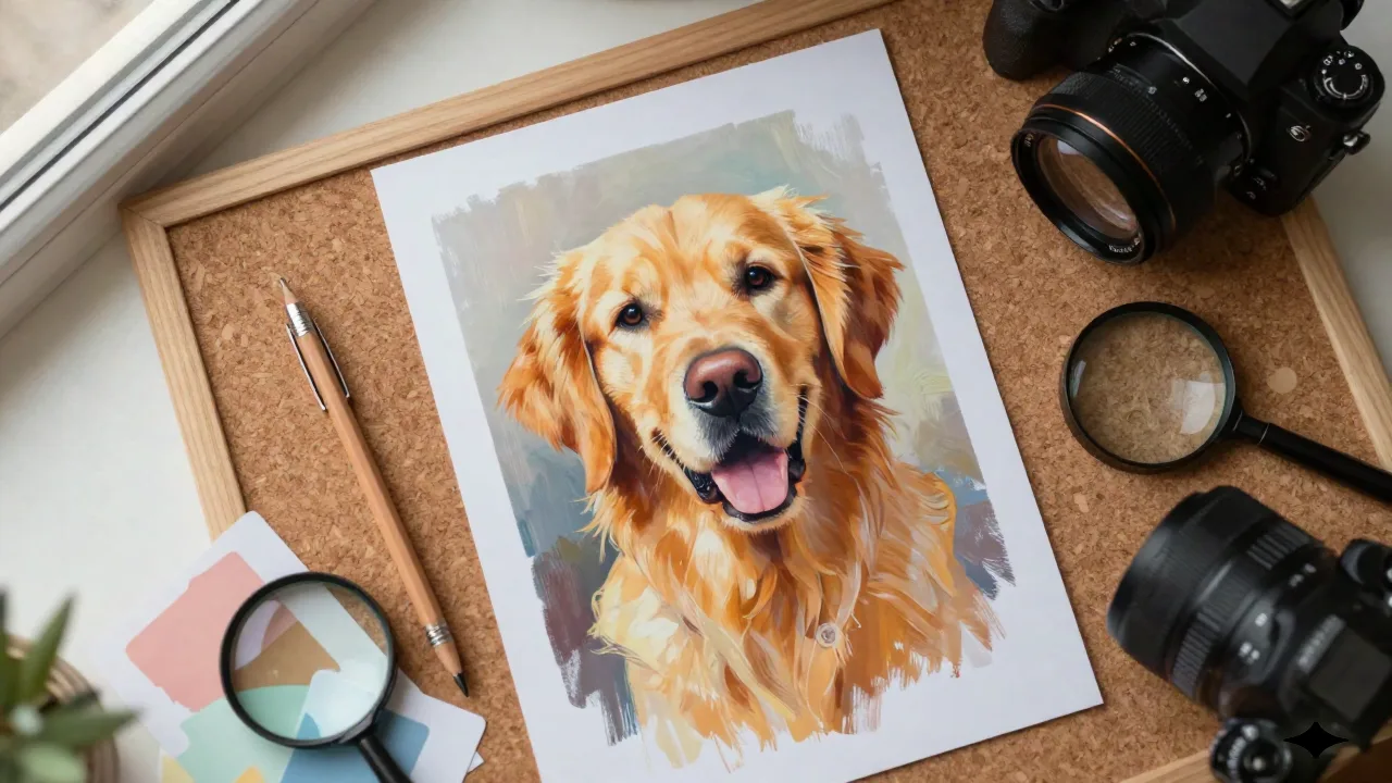 Gedrucktes KI-Tierporträt eines Golden Retrievers im malerischen Stil, auf einem Designer-Schreibtisch mit Lupe und Papierproben