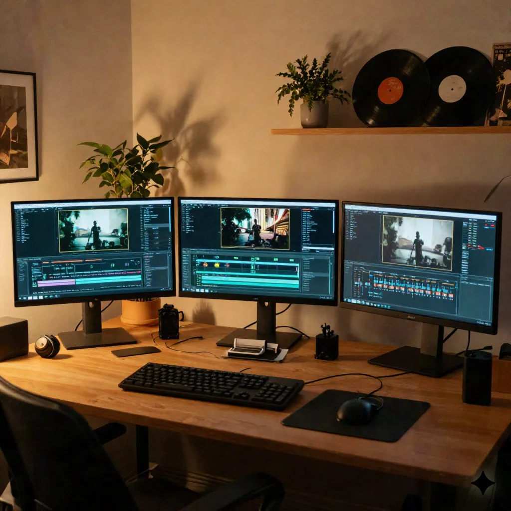 Three monitors on an indie studio desk each showing a video cropped to a different aspect ratio