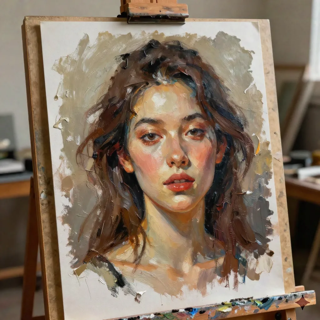 インパスト描写のある AI 油絵肖像、厚い筆跡が温かい光に浮かぶ
