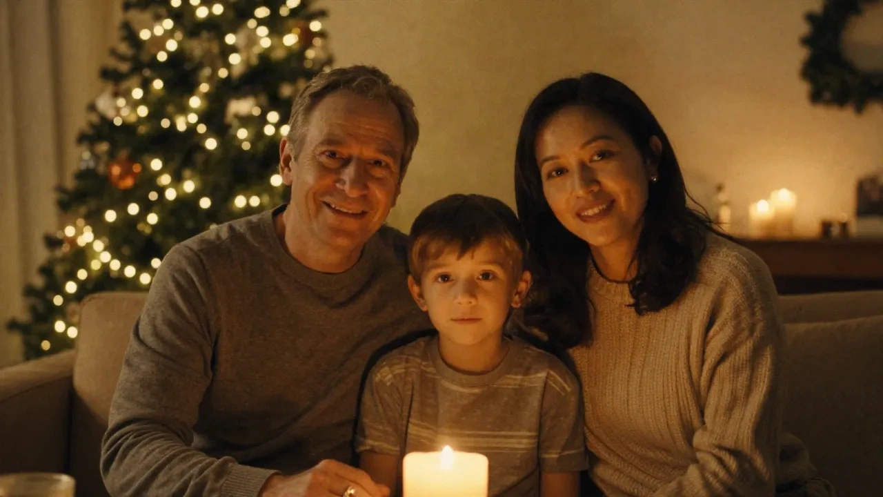 Family christmas photo ideas: cinematic AI portrait with warm golden candlelight and bokeh tree lights