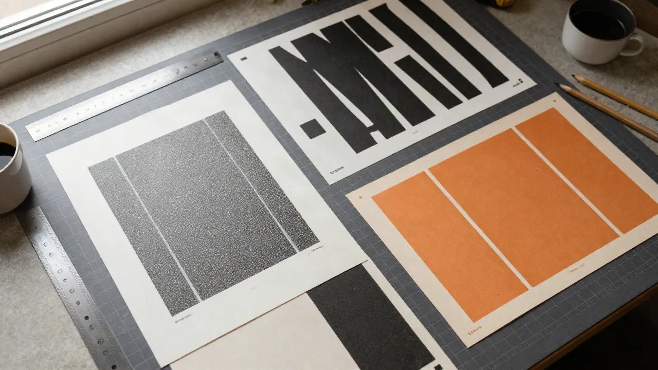 Tata-letak dari cetakan poster mockup dalam riso print, brutalis, dan gaya Kodachrome vintage di atas meja desainer