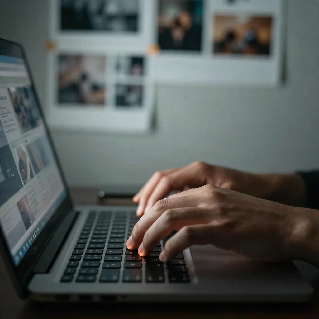 Hands typing an AI video prompt on a dark laptop keyboard with studio in background
