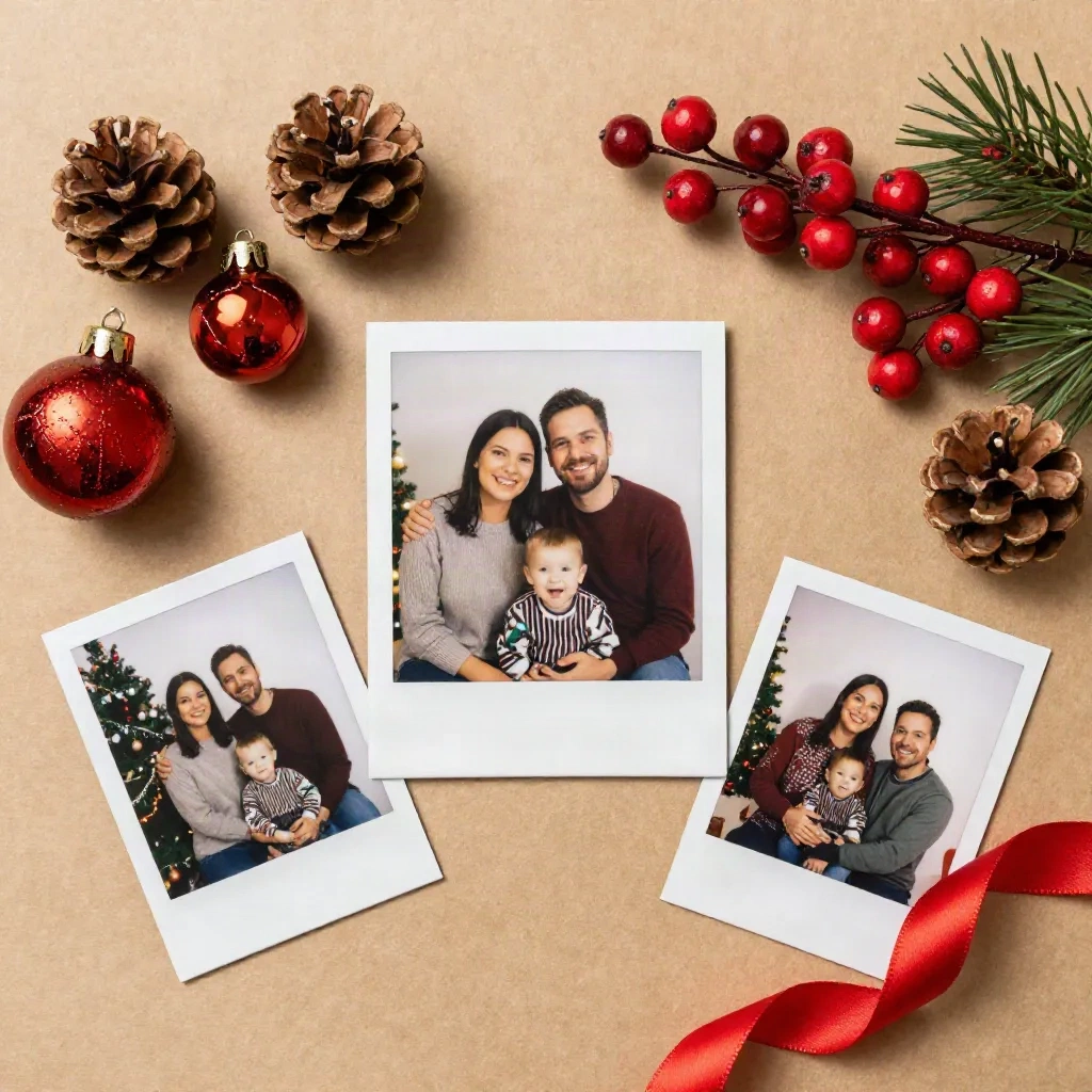 Flat lay of christmas family photo props: ornaments, pine cones and polaroids