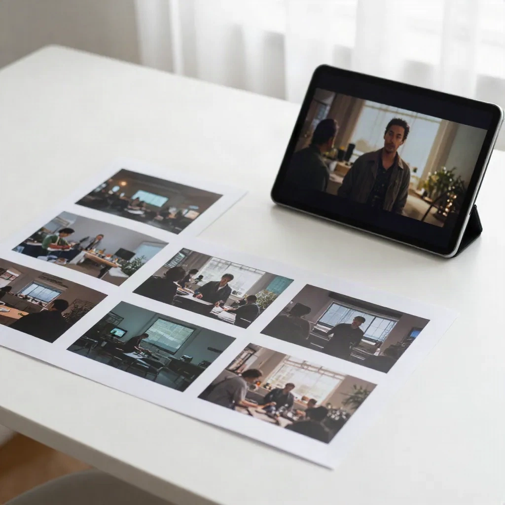Storyboard à plat avec des cadres de scènes IA sur un bureau de studio