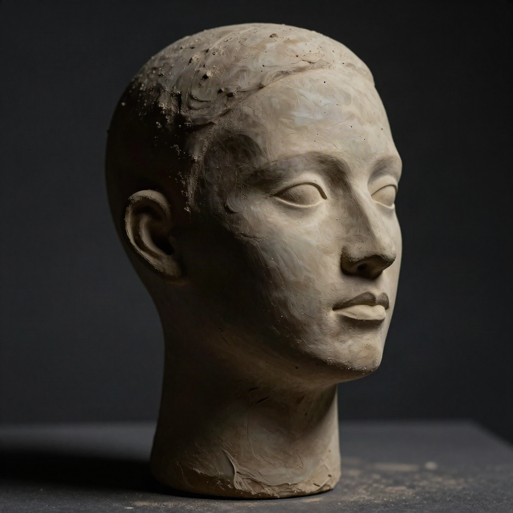 Terracotta clay bust lit with dramatic Rembrandt-style side lighting against a dark backdrop