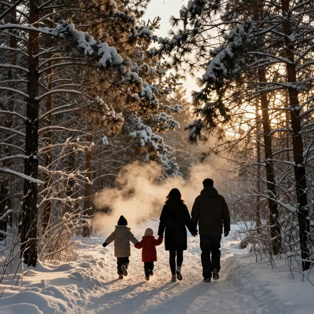 Sylwetki rodziny w zaśnieżonym lesie sosnowym o złotej godzinie