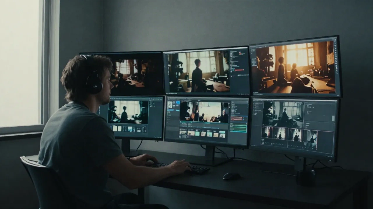 Creative filmmaker at dark studio desk surrounded by monitors displaying cinematic AI video frames