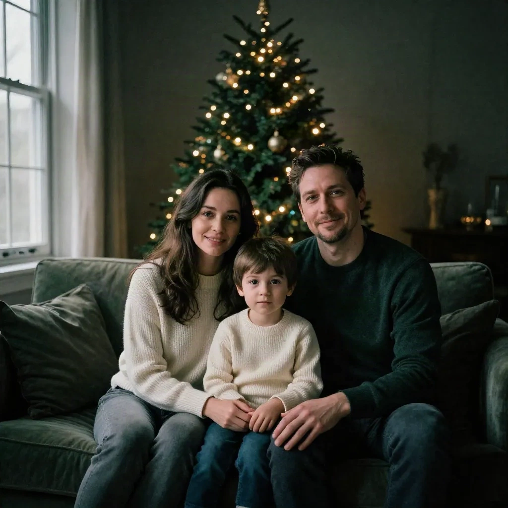 Moody editorial family christmas portrait with dramatic window light and bokeh tree lights
