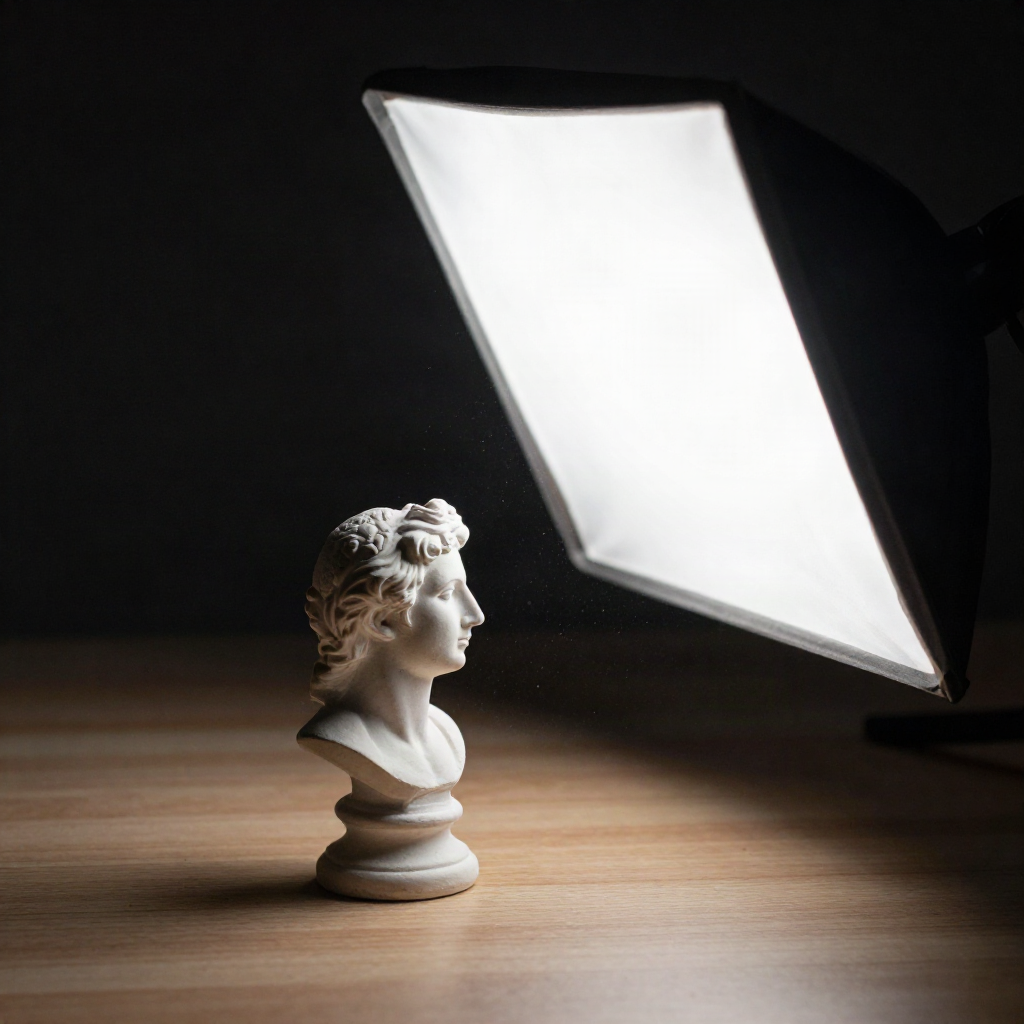 Macro shot of a small softbox casting hard-edged shadow across a plaster bust, illustrating single-source lighting setup