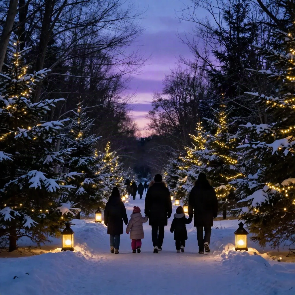 Silhouetten einer Familie beim Spaziergang durch einen schneebedeckten Wald mit Laternen in der Weihnachtsdämmerung