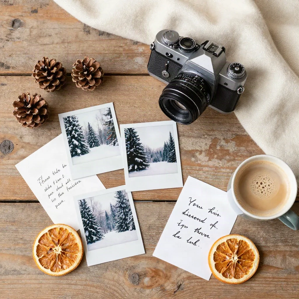 Flat-lay z analogowym aparatem i świątecznymi polaroidami - planowanie sesji fotograficznej