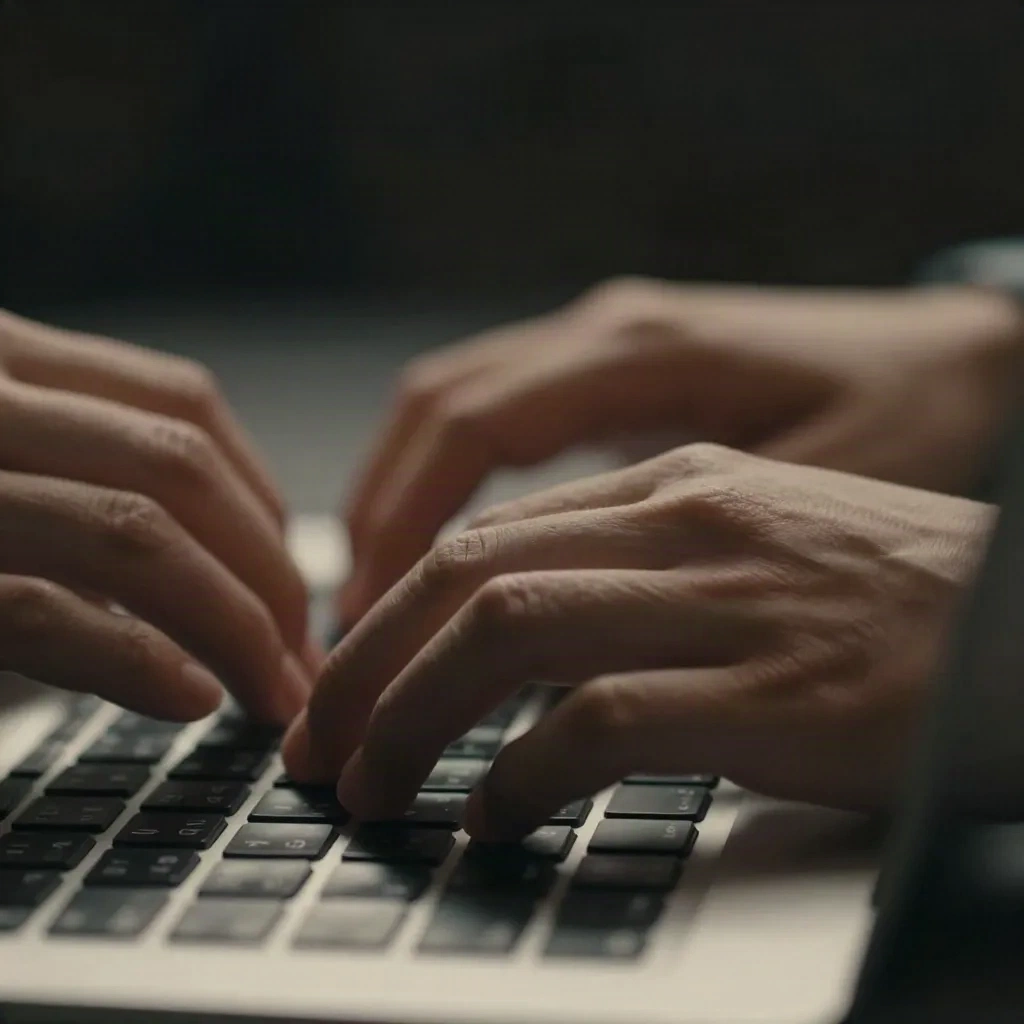 Mains tapant un prompt vidéo IA sur un clavier