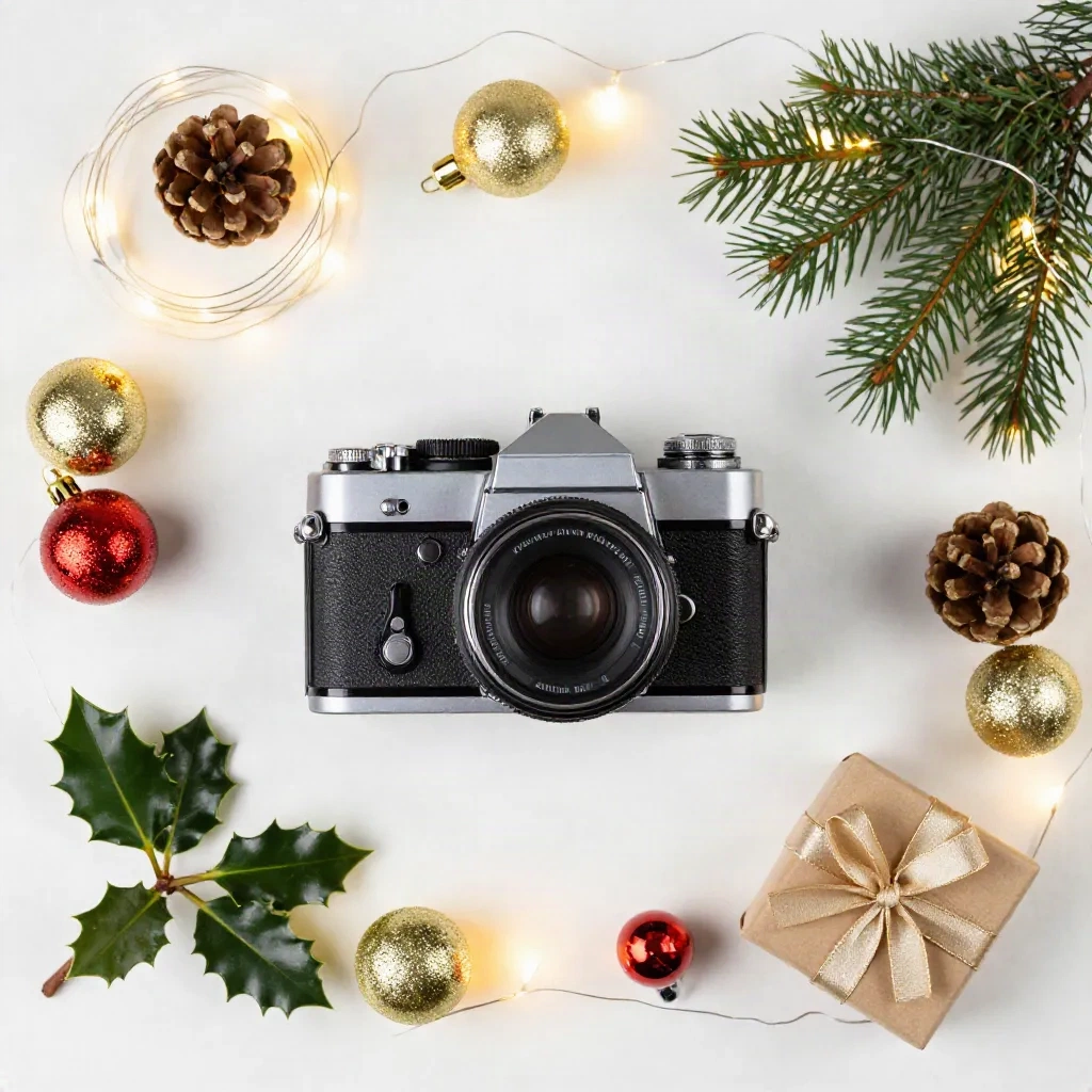 Flat-lay von Weihnachts-Shooting-Requisiten: Vintage-Kamera, Ornamente, Tannenzapfen und Lichterkette