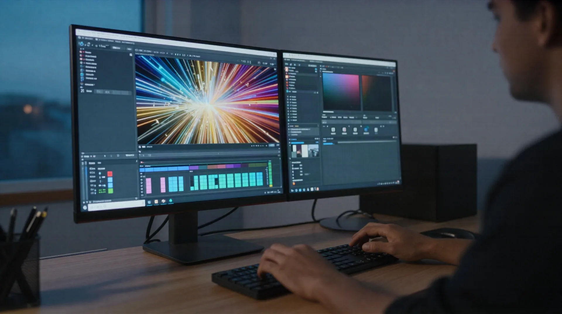 Scrivania creativa con un'anteprima astratta di generazione video AI su un monitor