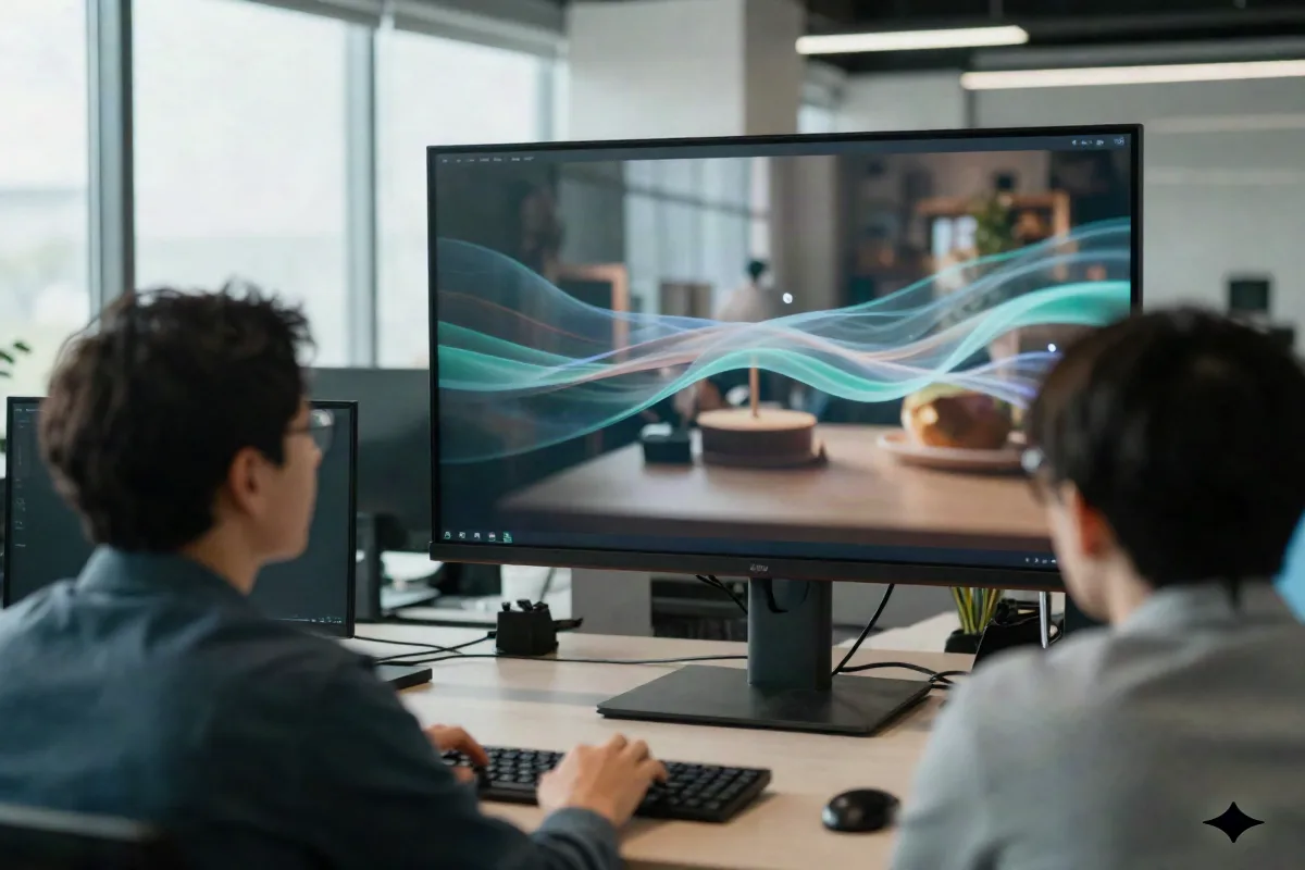 Small creative agency team reviewing cinematic AI-generated B-roll footage on a studio monitor