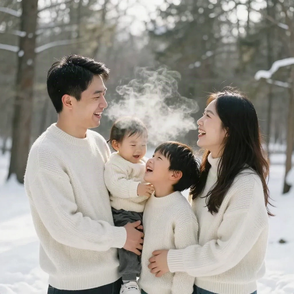Outdoor winter family photoshoot in snowy forest with matching knit sweaters