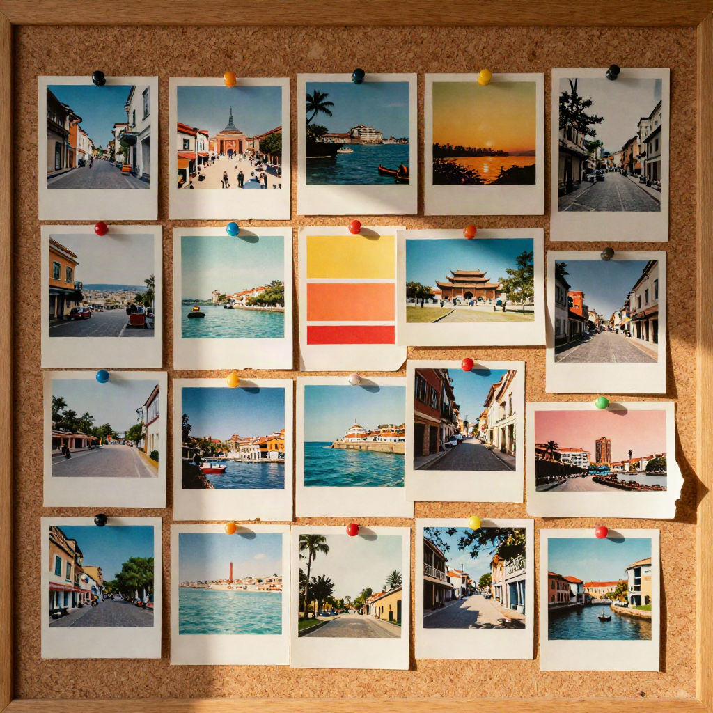 Overhead view of a cork moodboard pinned with vintage Kodachrome-style photos and riso color swatches