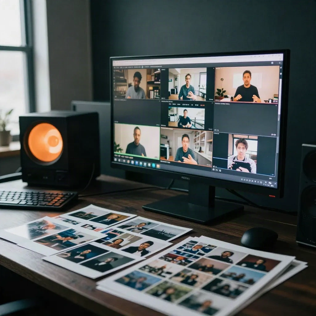 Art director reviewing AI-generated video clips on monitor in a dark editorial studio