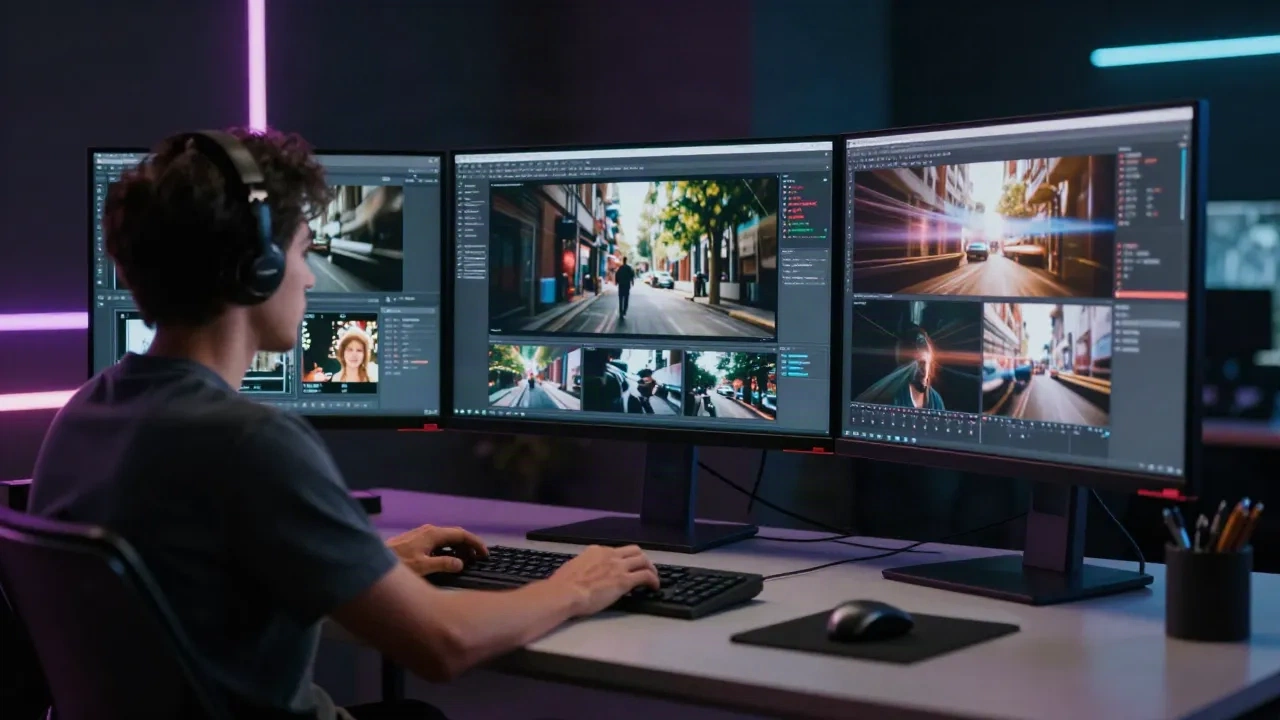 Kreativer Technologe nutzt KI-Videogenerierungstools in einem dunklen Studio