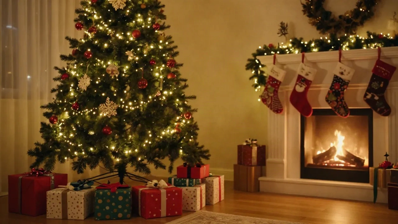 Gemütliches Weihnachtswohnzimmer mit leuchtendem Baum, bunten Geschenken und Kamin