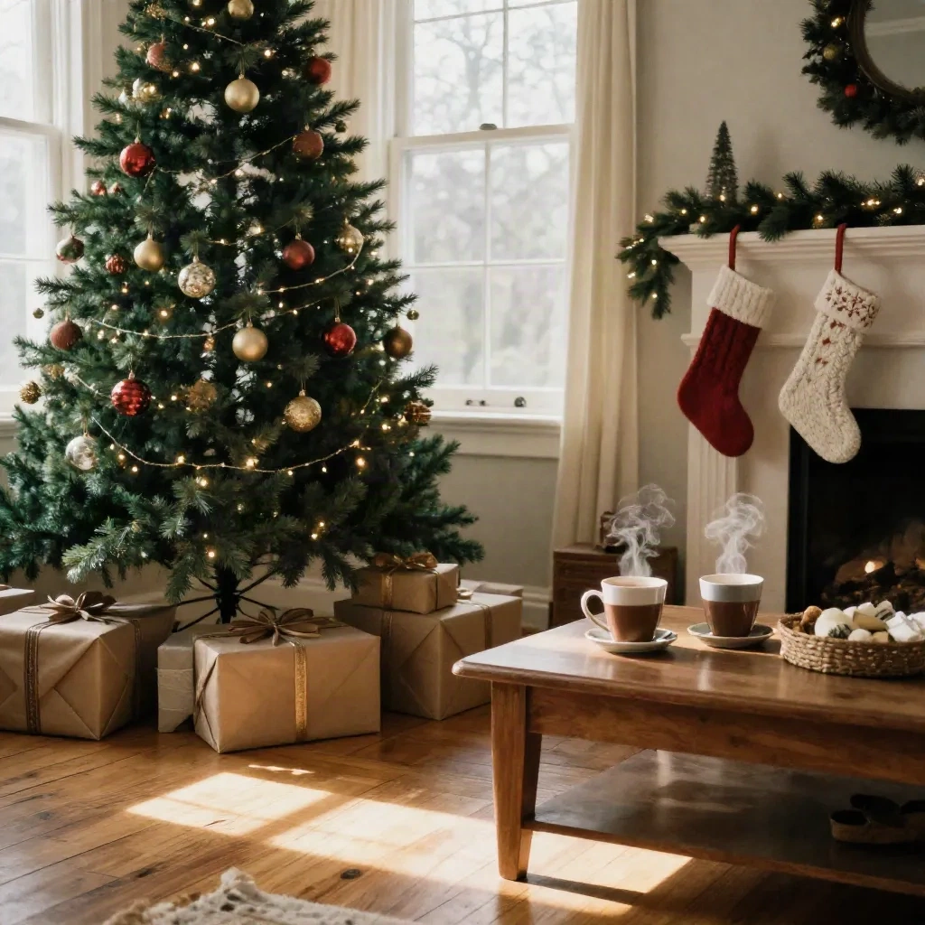 Gemütliches Weihnachtsmorgen-Wohnzimmer mit natürlichem Fensterlicht, geschmücktem Baum und Geschenken in Kraftpapier