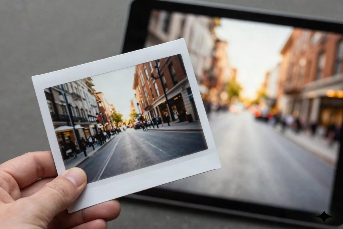 Photographer comparing a printed still photo to a tablet showing the image mid-transformation into motion