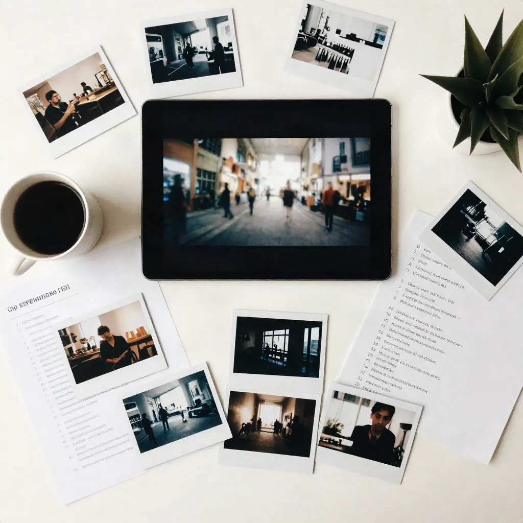 Flat-lay of creative studio workspace with tablet showing video frames and printed moodboard sheets