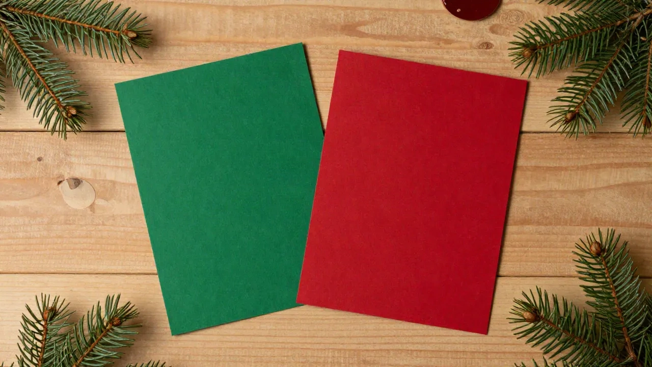 Flat lay of christmas card design elements including watercolor pine branches, dried citrus, wax seal and kraft envelope