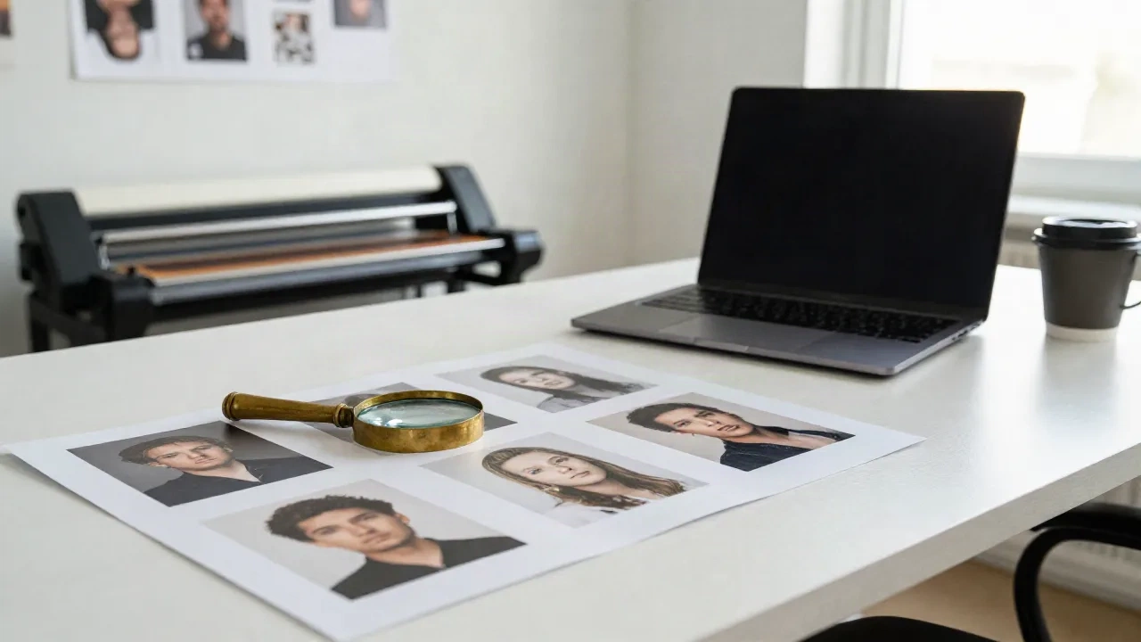 Mesa de director de arte con prueba de contacto impresa y lupa de latón