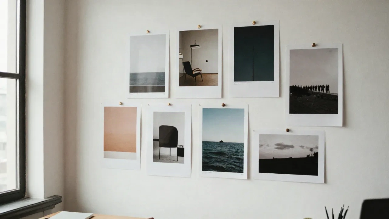 Art director workspace with AI-generated prints pinned to moodboard wall