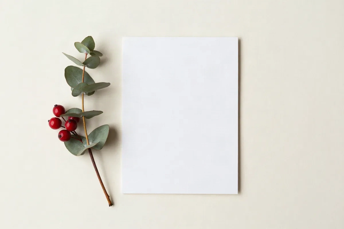 Minimal christmas card flat lay with eucalyptus branch and berries on cream paper