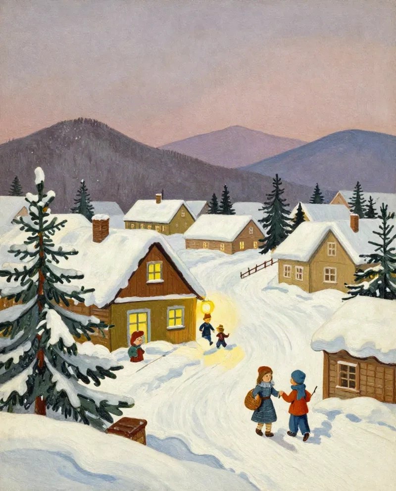 Vintage gouache christmas illustration, snowy village in 1960s Eastern European book style