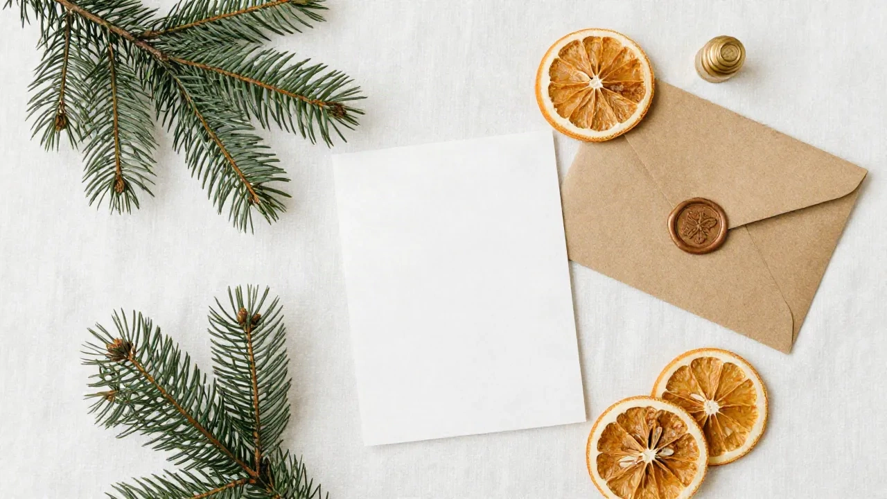 Flat lay con elementi di design per biglietto di Natale: rami di pino ad acquerello, agrumi secchi, sigillo di cera e busta kraft