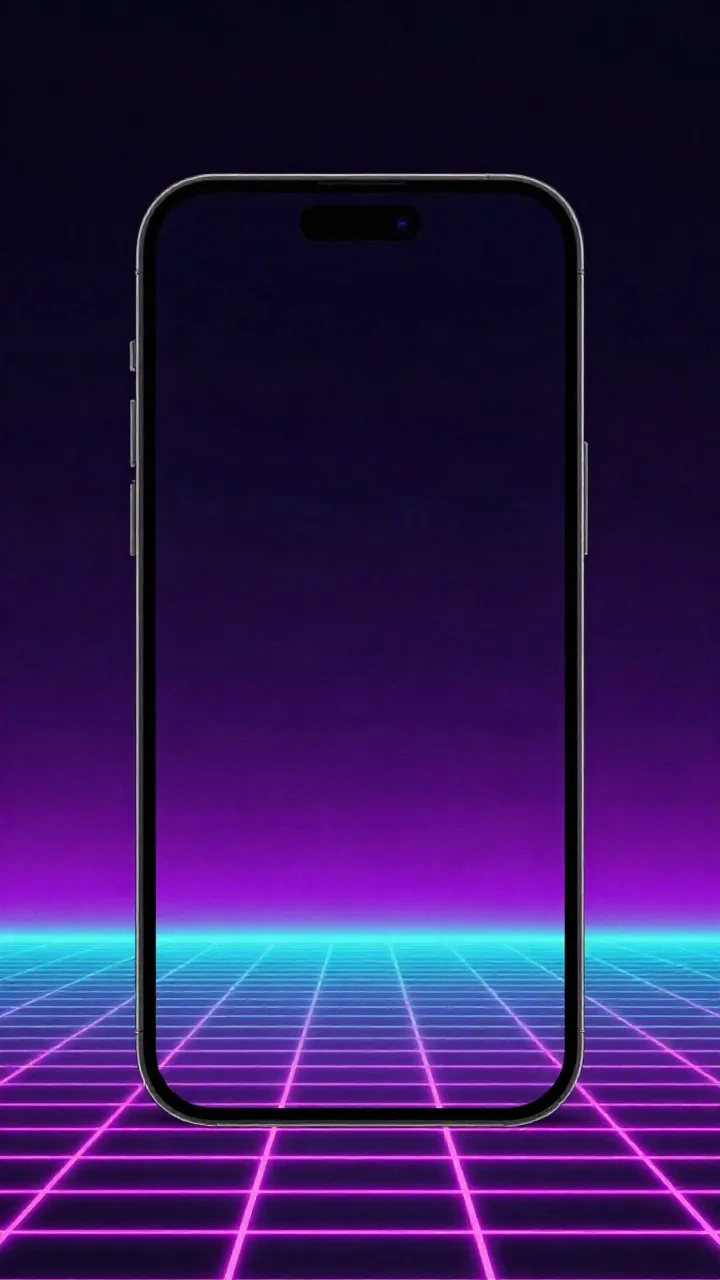 Synthwave phone wallpaper with a calm center band left clear for the lock screen clock