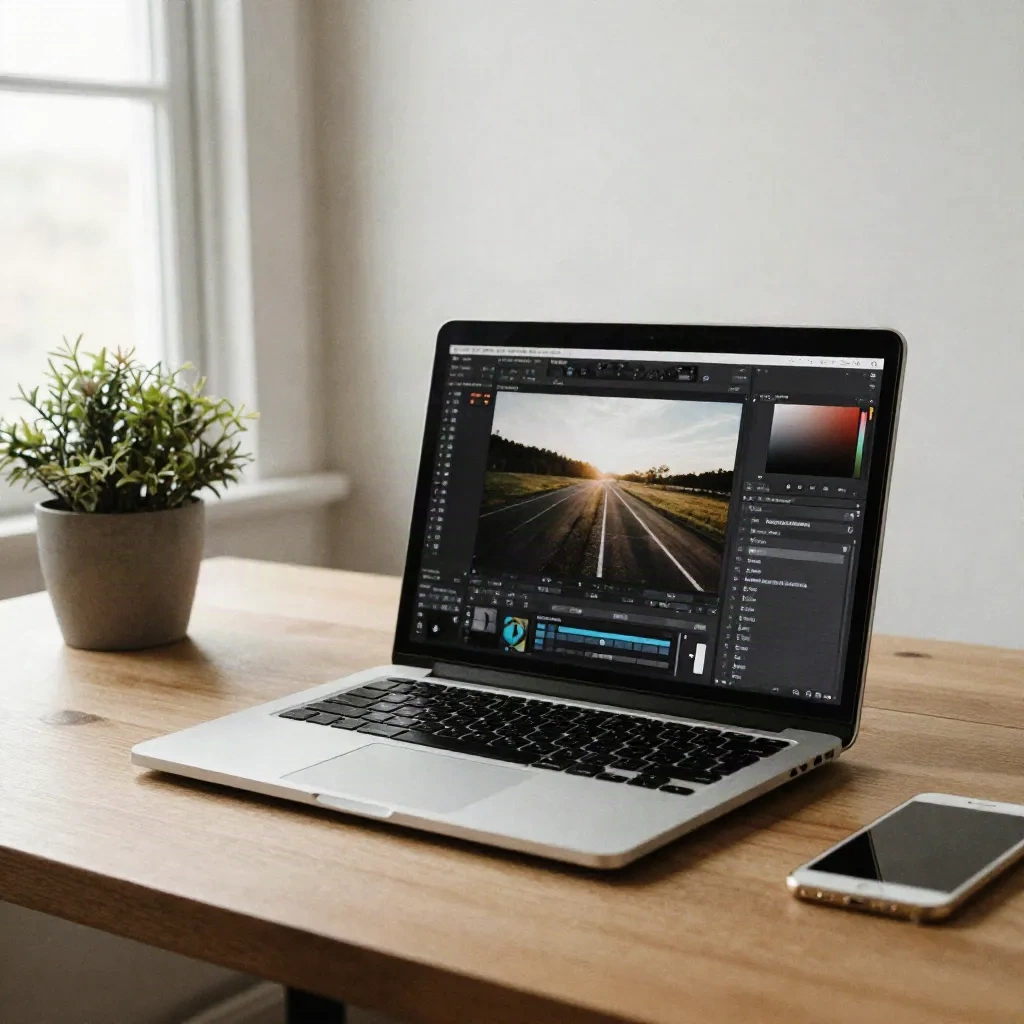 Laptop open to image editing software in a minimal creative workspace