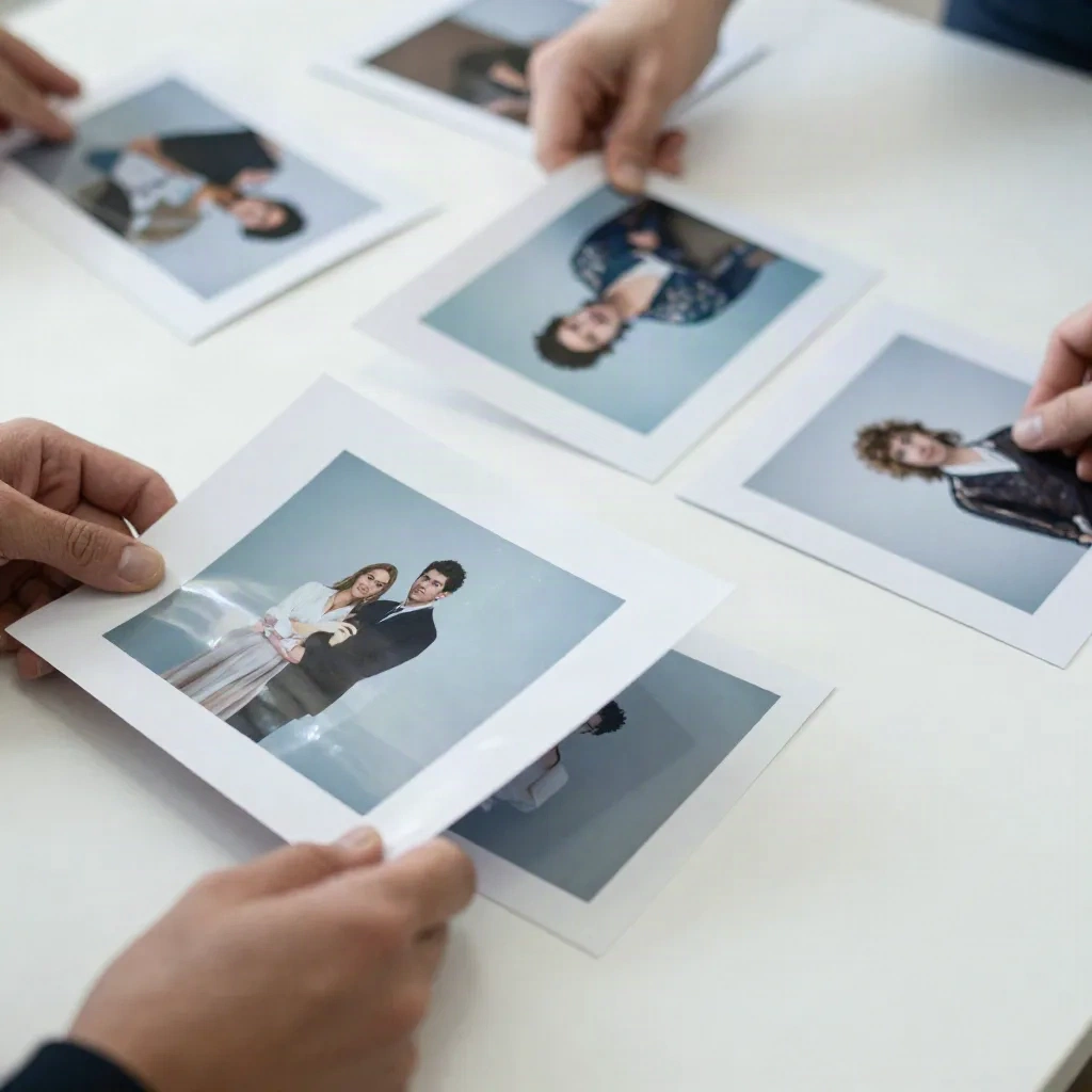 Art director reviewing printed photo proofs on a light table