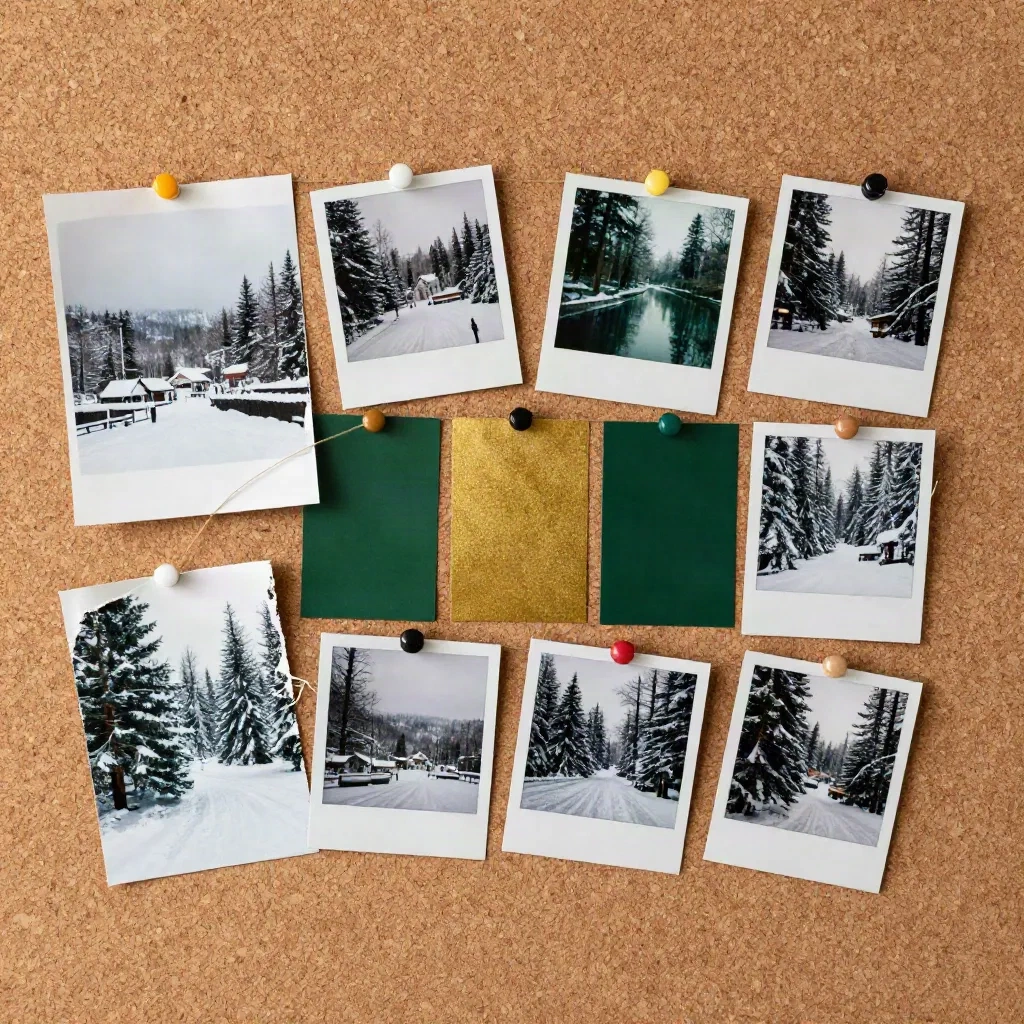 Art-Director-Moodboard mit weihnachtlichen Referenzen, Polaroid-Fotos und Farbpaletten-Swatches in Grün und Gold