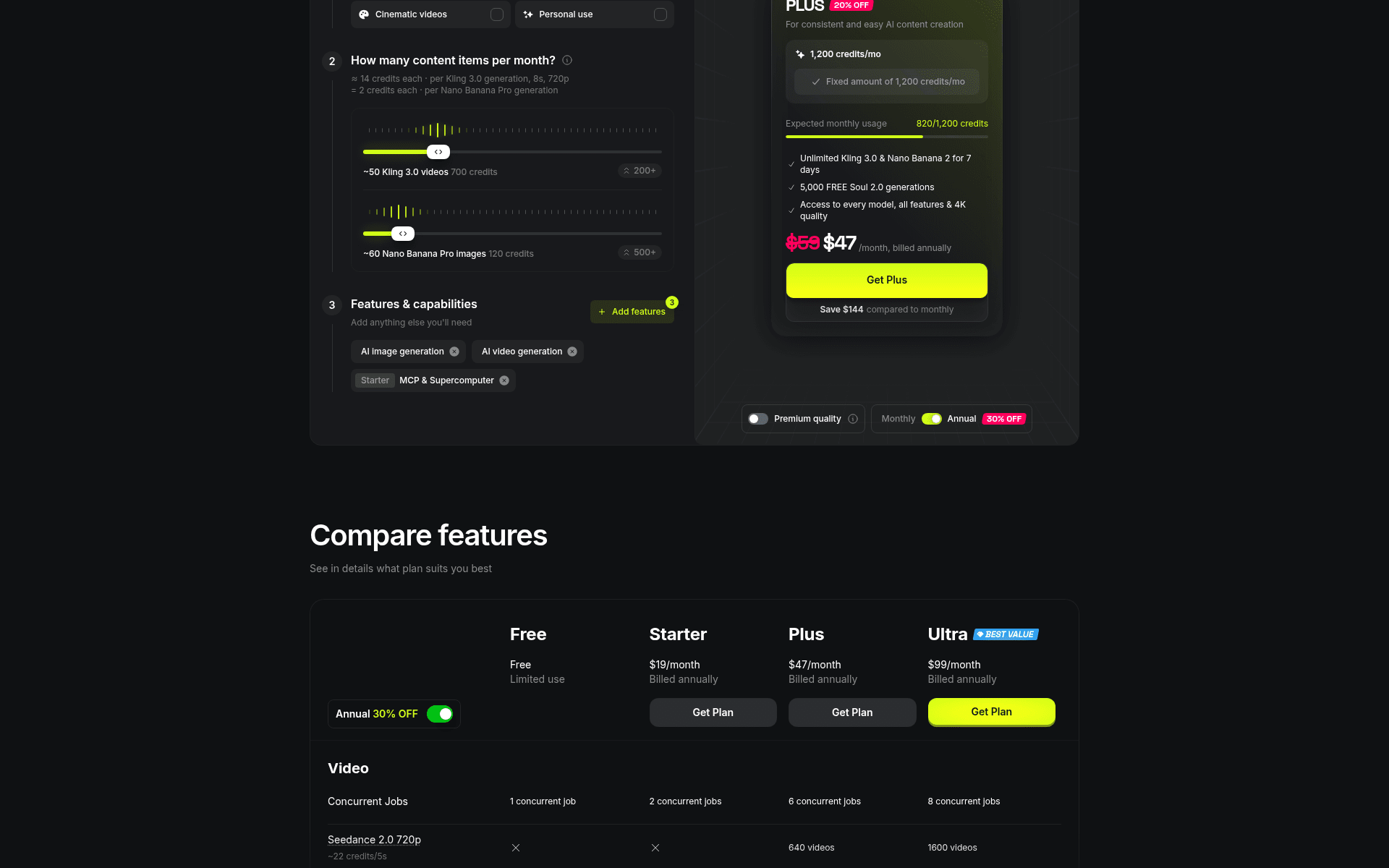 Higgsfield Compare features table listing per-plan pricing and per-model credit costs including Seedance 2.0 720p at about 22 credits per 5 seconds