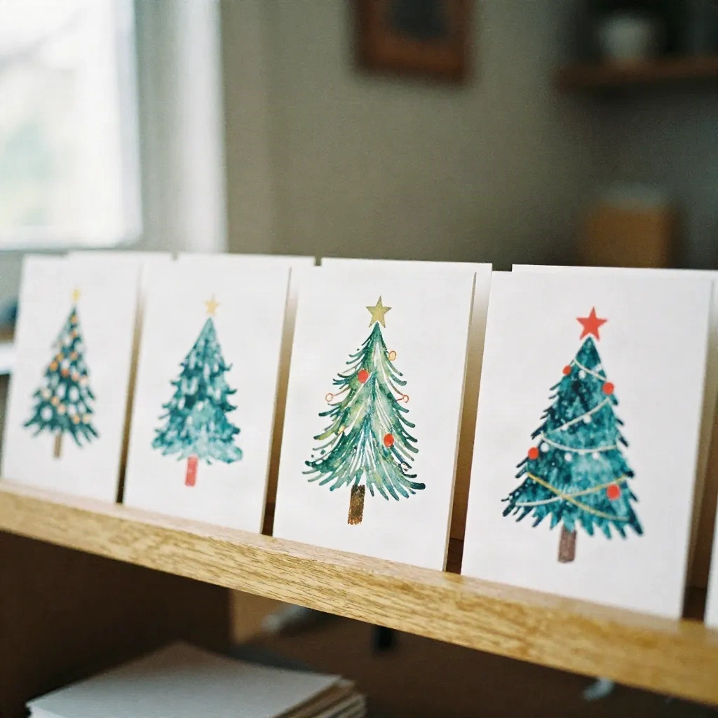 Reihe aus fünf fertigen Weihnachtskarten in verschiedenen Stilen, von Aquarell bis Linolschnitt und Risograph, auf einem Holzregal