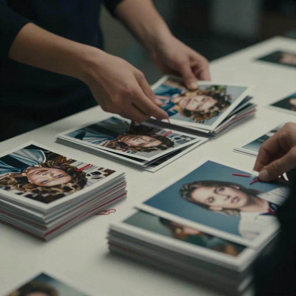Hands sorting printed photographs into two piles
