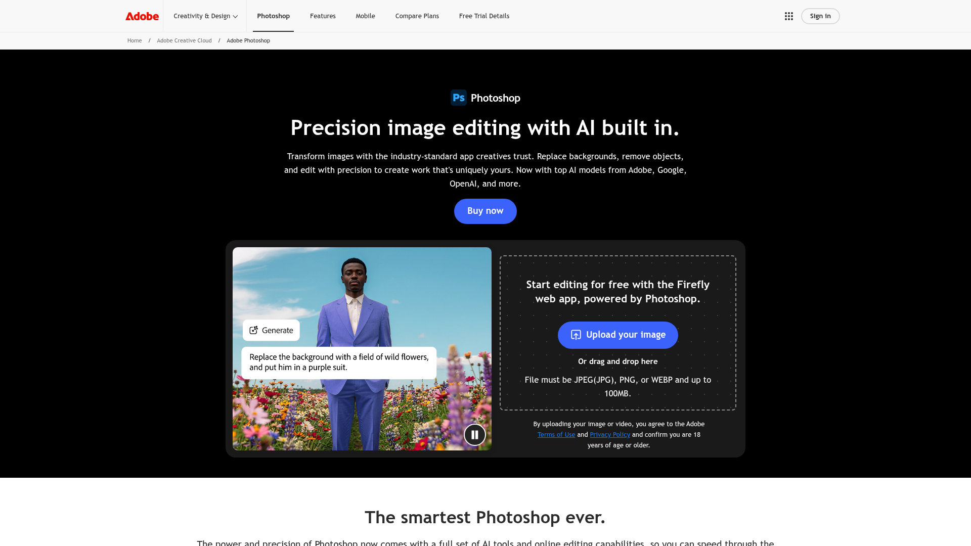 Schermafbeelding van Adobe Photoshop AI fotobewerking startpagina