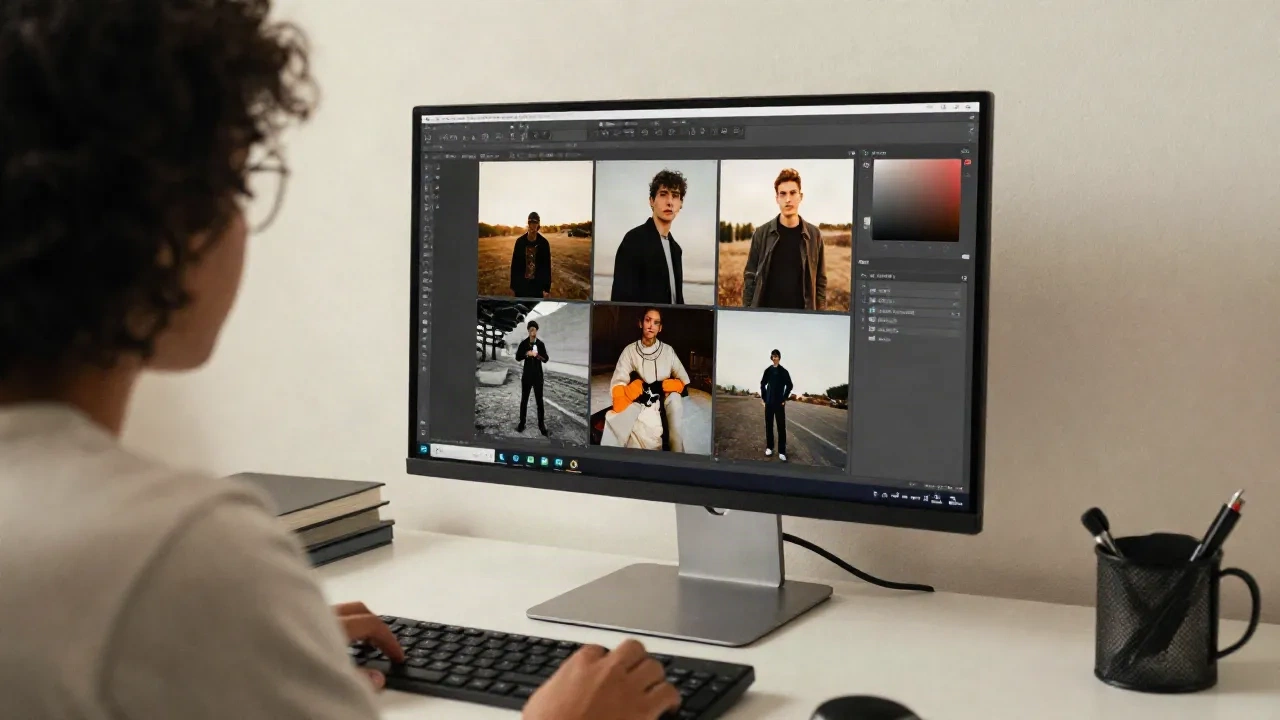 Designer reviewing and cleaning up images at a workstation